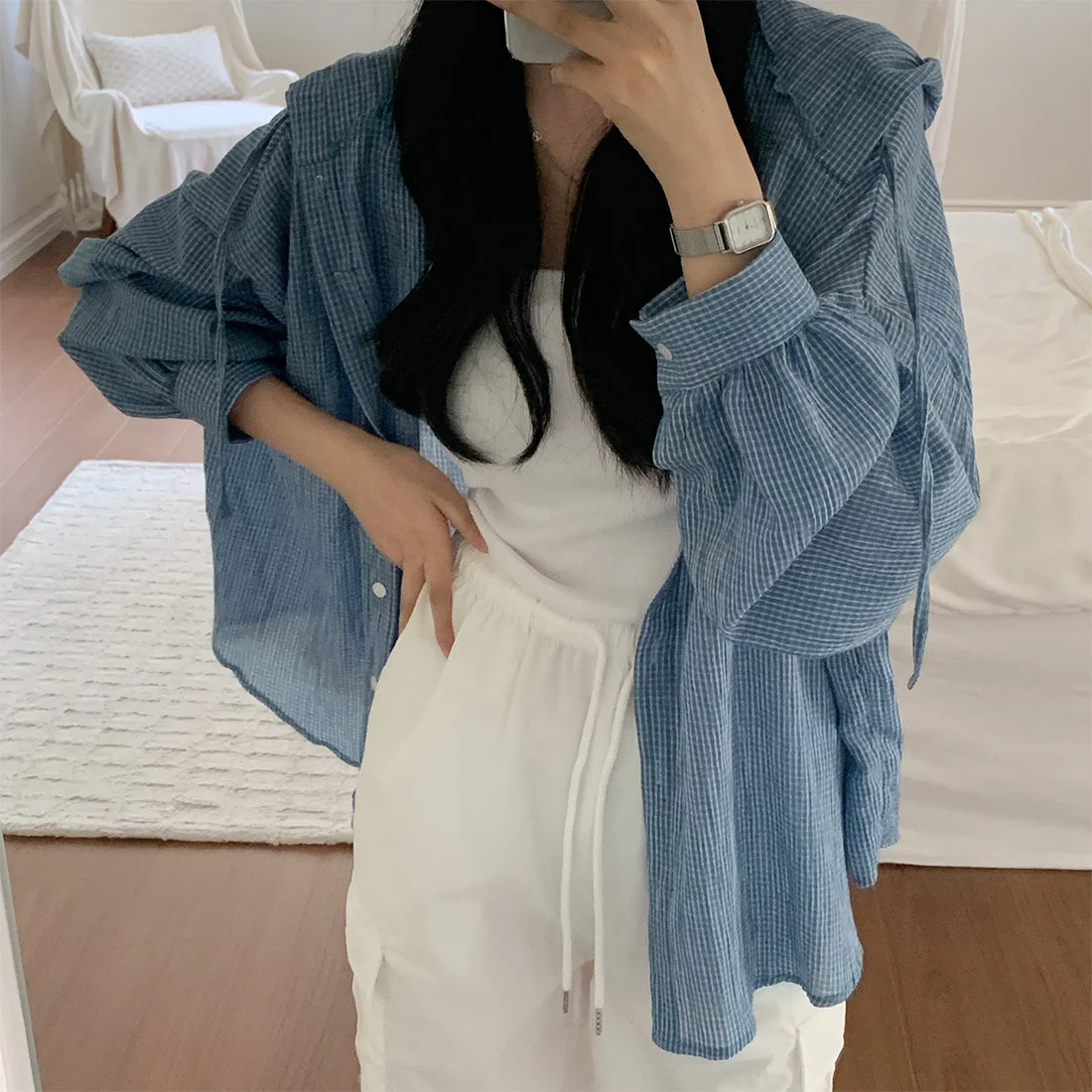 

Korean style Plaid Hooded Shirt
