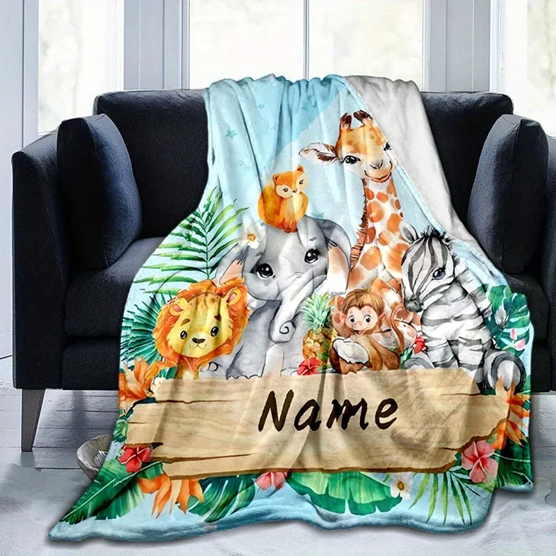 

Personalized Animal Print Throw Blanket with Custom Name Soft Polyester Flannel Lightweight for All Seasons and Travel