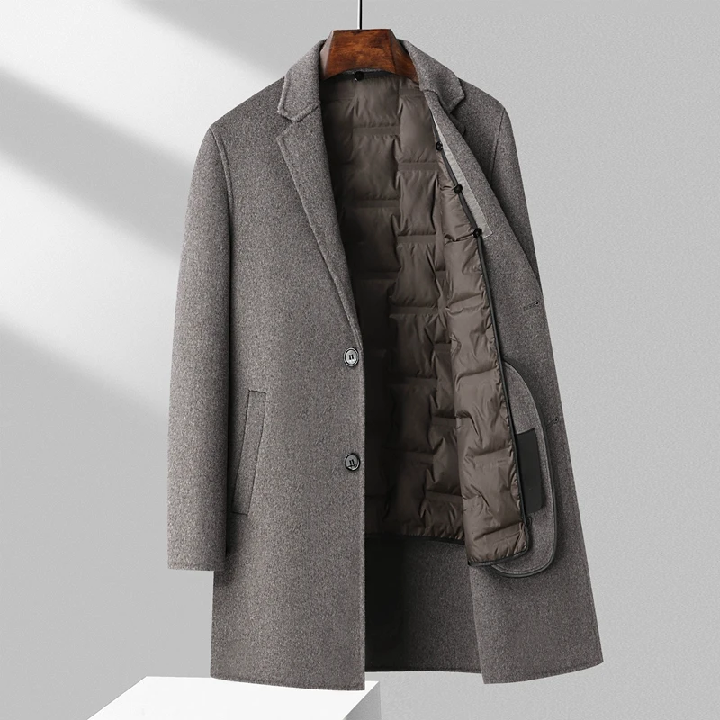 Effortless Elegance Overcoat Men Classic Wool Coat with Removable Puff Down Vest lining Design Thick Thermal Garment Old Money