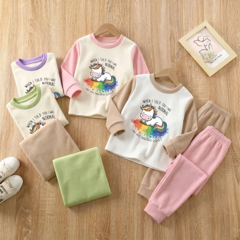 Herbst-Winter Langarm-Unterwäsche-Sets für Kinder, O-Ausschnitt, Weiche Schlafanzüge für Jungen und Mädchen, Verdickte Warme Pyjama-Sets – Detail 2