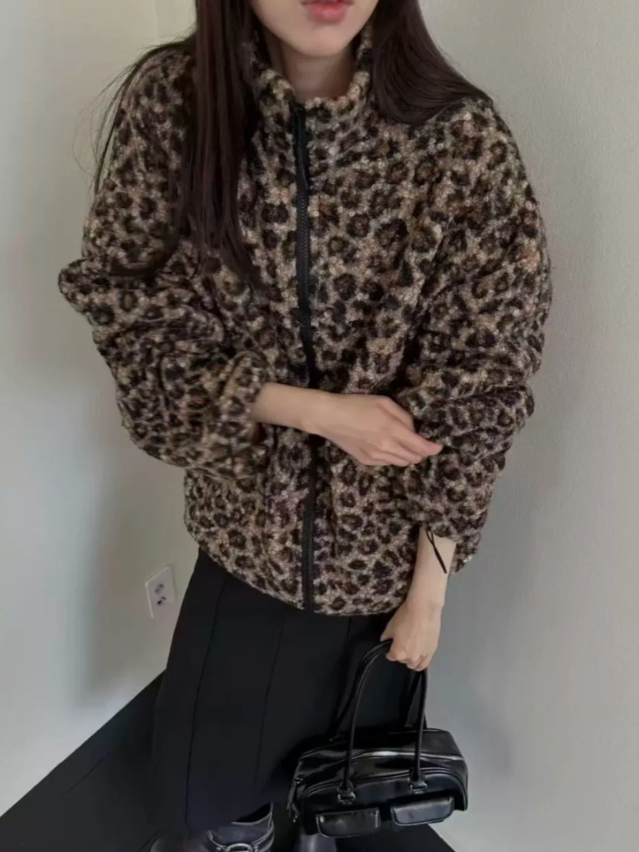 

Women's Zipper Inner Fce Stand Collar Vintage Leopard Print Coat Autumn Winter New Faion Warm Sli Long Coat