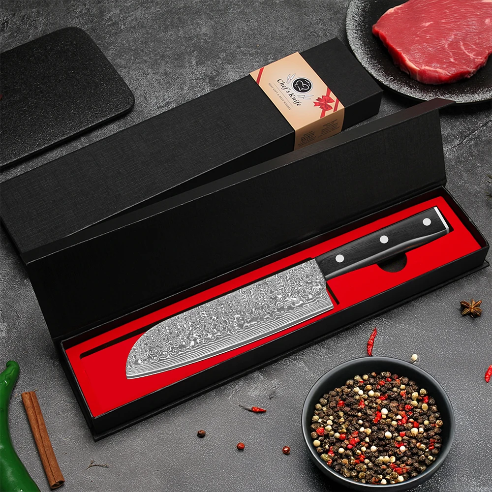 7 Zoll Santoku-Messer, Kochmesser, VG10-Kernstahl Geschmiedeter Damaszener Stahl, Mehrzweck-Gemüsemesser, Ergonomischer Griff – Detail 4