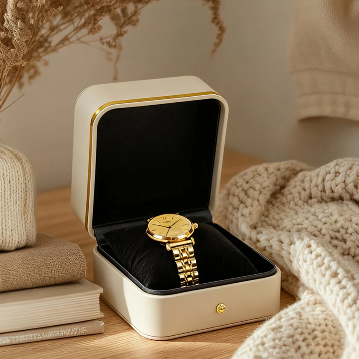 Luxuriöse PU-Leder Schmuckbox mit Abgerundeten Ecken Metallverschluss Uhrenbox mit Goldverzierung, Geeignet für Uhrenschutz Zubehör