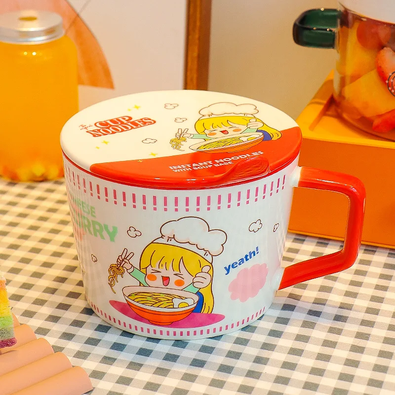 950ml Cartoon Instant Noodle Bowl With Cover Salad Bowl Ceramic Soup Handle Cup Student Office Lunch Box Boy Girl