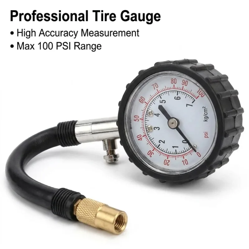 Professional 100 PSI Tire Pressure Gauge High Precision Long Hose Meter for Car Truck Motorcycle Tire Air Pump Tester Tool