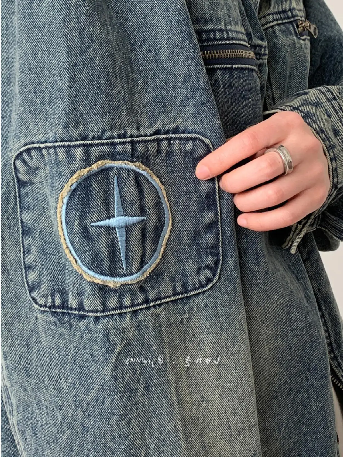 Embroidered Washed Denim Jacket For Man Women BF Jeans Coat Style Loose Blue Workwear, Couple's Top