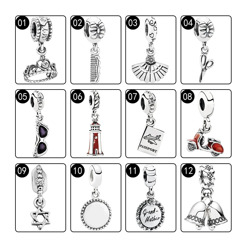 Silver 925 Pendants Charms For Women Jewelry Making Princess Tiara Comb Fan Shear Sunglasses Lighthouse Scooter Star Grandmother