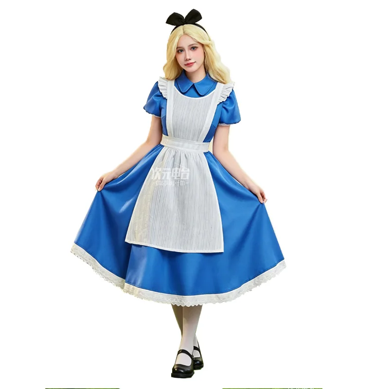 

Halloween Alice In Wonderland Cosplay Blue Dress Women Lolita Short Sleeve Maid Dress Socks Headwear Suit Carnival Party Clothes