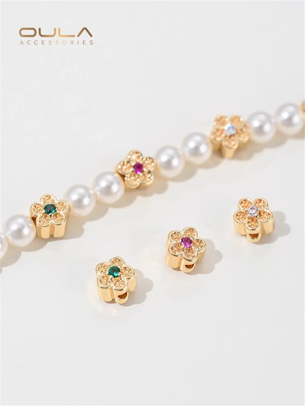 

14K Gold-plated Zirconium Colored Stone Five-petal Flower Scattered Beaded Handcrafted Diy Bracelet Necklace Material Accessorie