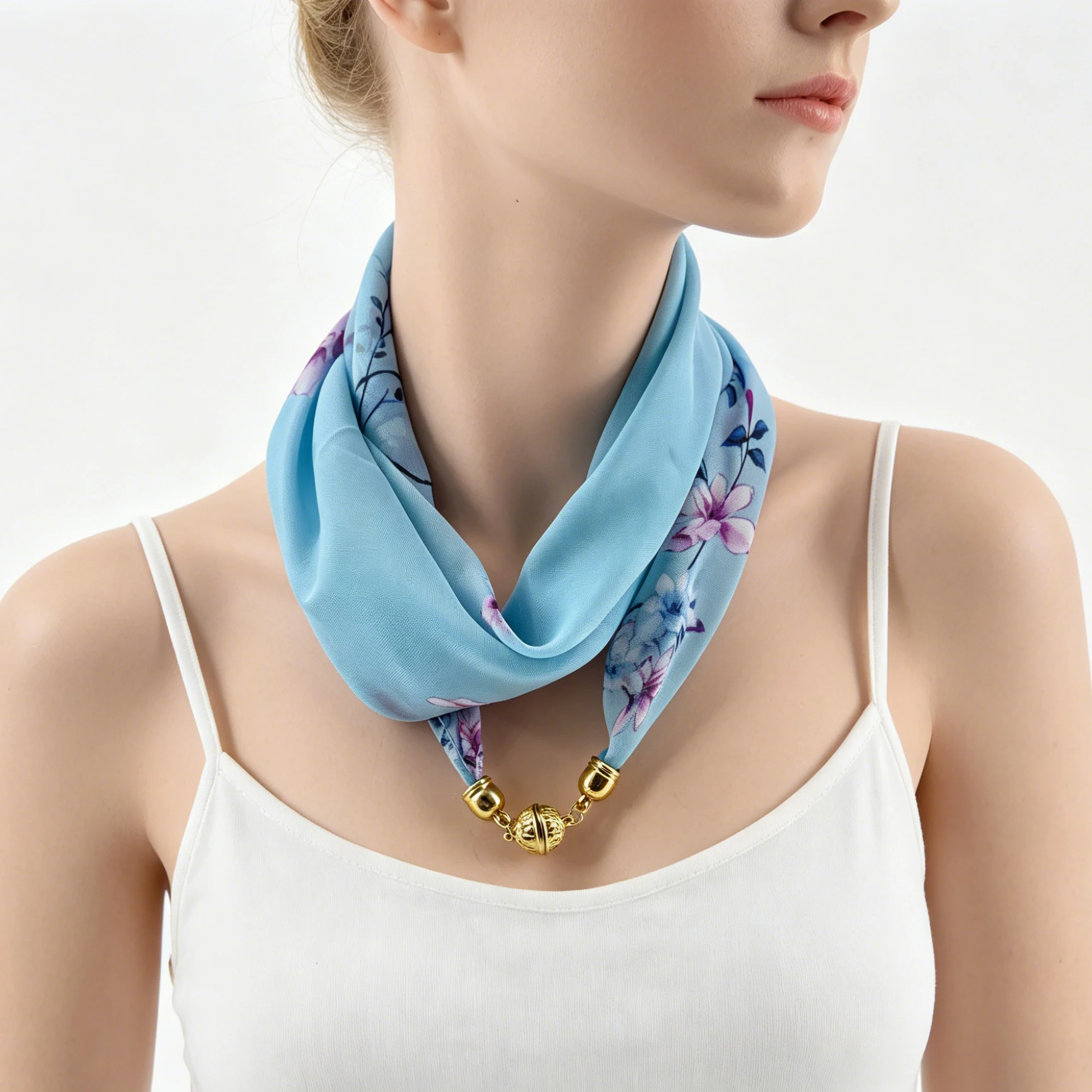 Magnetverschluss Dünner Chiffon Dekorativer Halstuch, Magnolien-Druck Halstuch, Lazy Scarf Schnell und Einfach zu Befestigendes Halstuch – Detail 1
