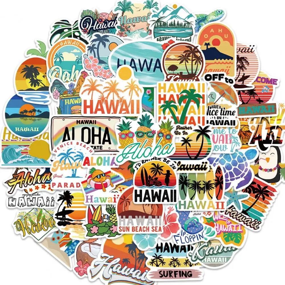 PVC 50Pcs Stylish Hawaii Summer Style Cartoon Graffiti Sticker Ultra-Thin Luggage Decal Residue Free   Household Supplies