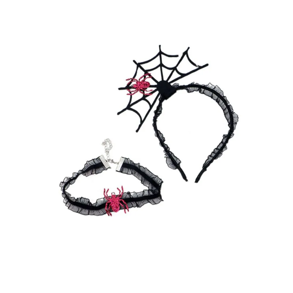 

Fashion Black Halloween Headband Ruffles Mesh Hairband Necklace Set Hollow Cosplay Props Spider Web Hairband Girl