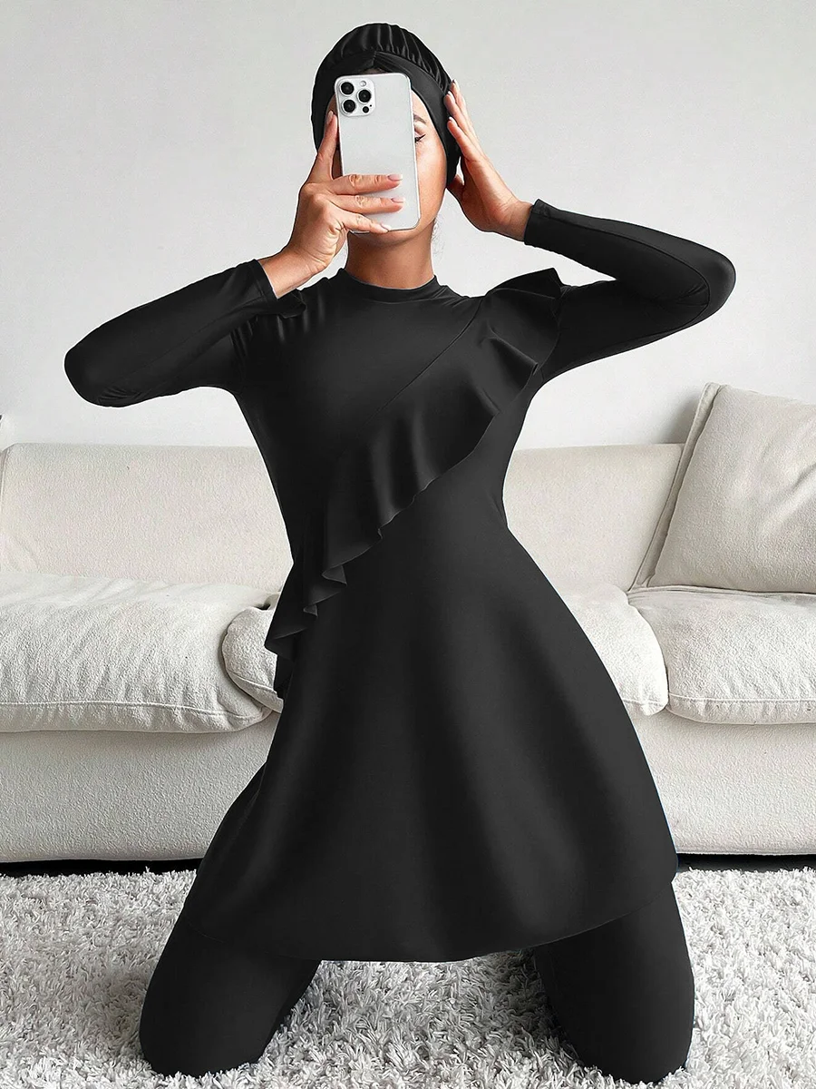 Maillot de bain musulman pour femmes, 3 pièces/ensemble, burkini, long, islamique, modeste, design à volants