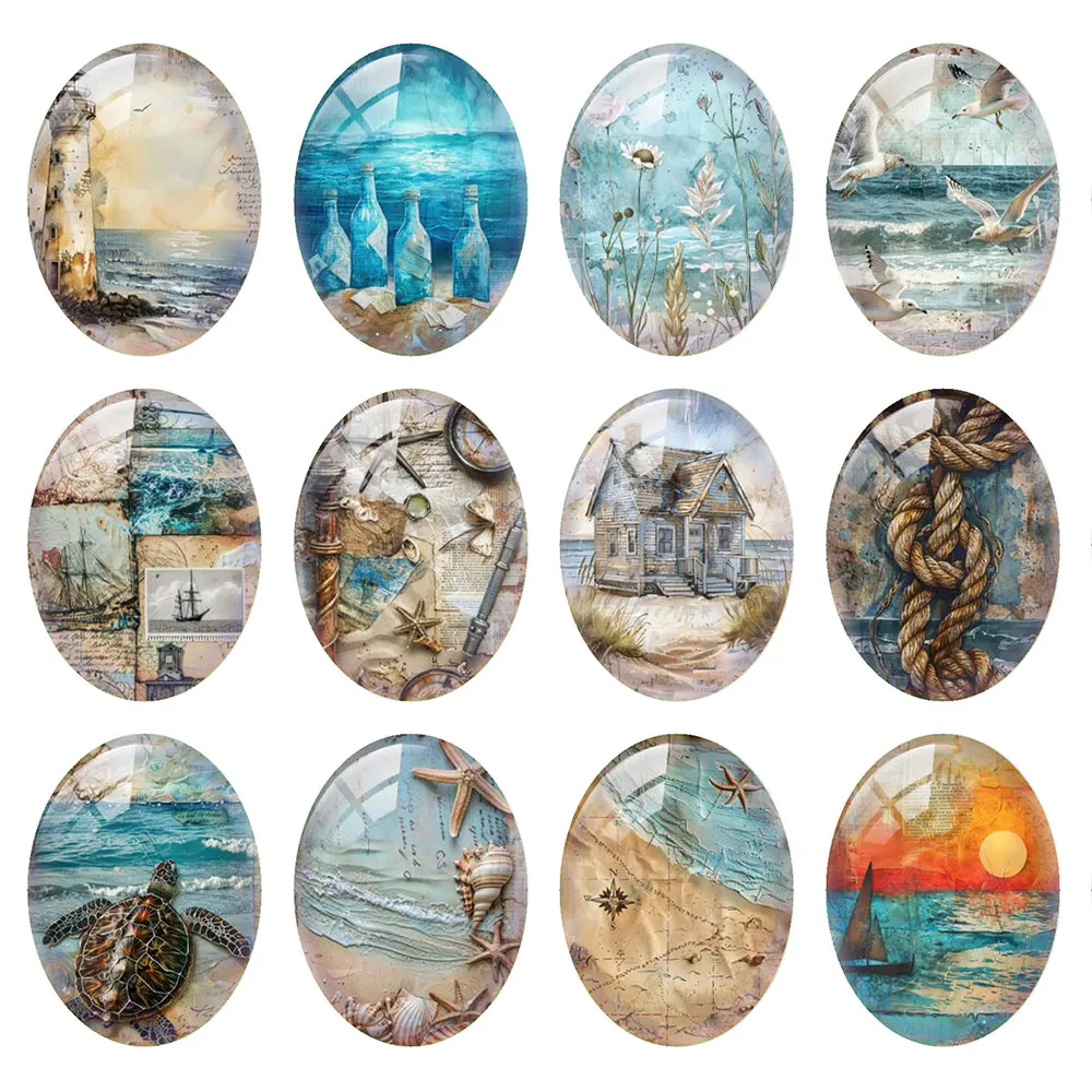 Random Mixed Round/Oval/Square Vintage Ocean Nautical Coastal Photo Glass Cabochon Flatback Demo Cameo For Diy Jewelry Making
