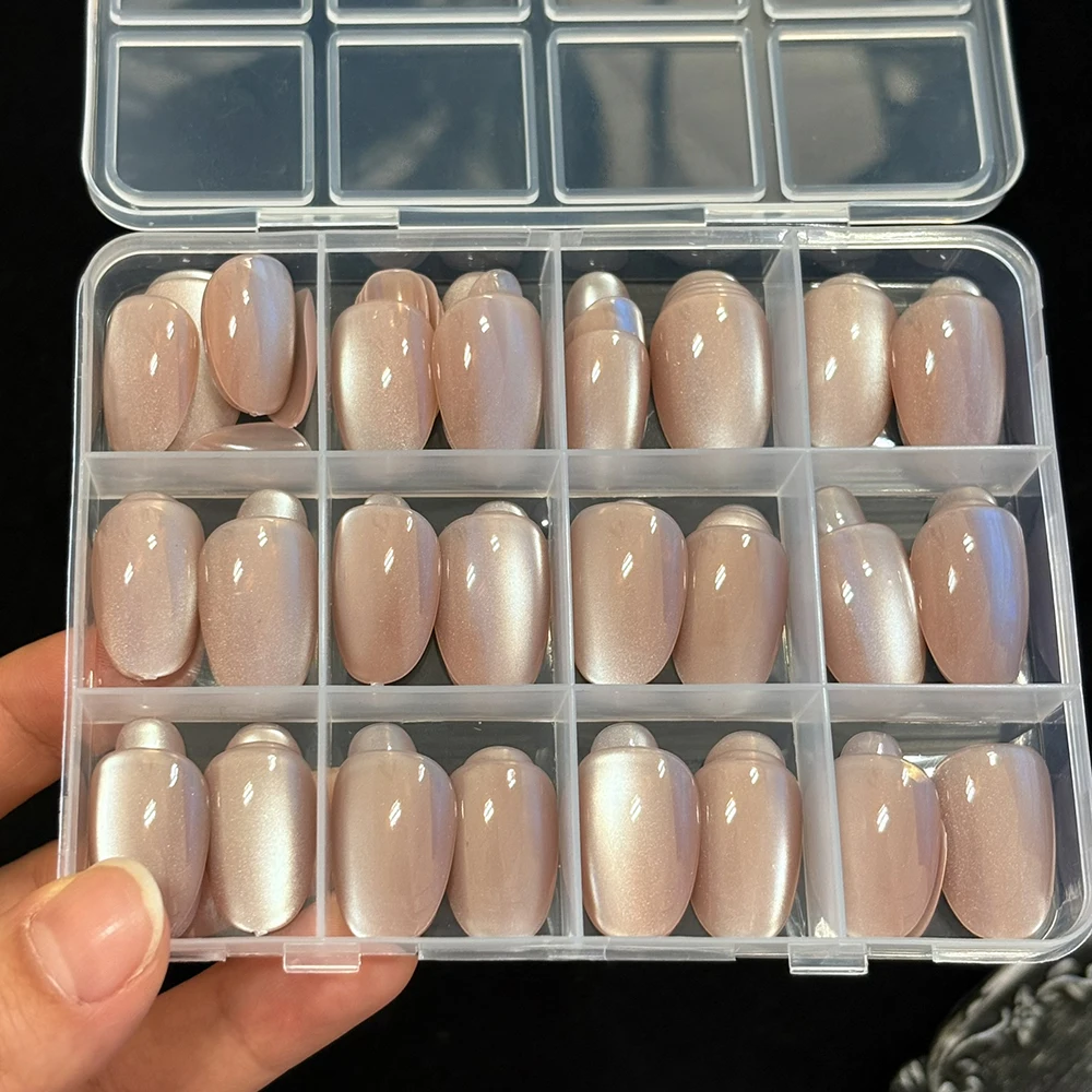 144 teile/schachtel Natürliche Nude Cat Eye Künstliche Nägel Kurze Mandel Design Volle Abdeckung Fasle Nagel Acryl Drücken Auf Nägel Elegante Nagel patches – Detail 6