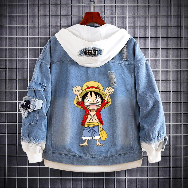 ONE PIECE Luffy cartoon print hooded spring and autumn animation denim sweater road Sauron Ace fashion denim cardigan jacket