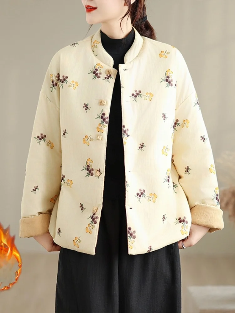 

Хлопковая куртка ручной работы в китайском стиле с цветочным принтом, женская зимняя свободная универсальная двусторонняя куртка с хлопковой подкладкой