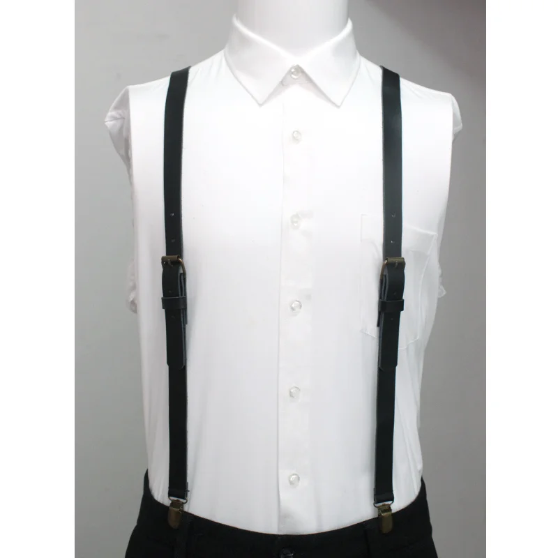 สไตล์อังกฤษ3คลิป Mens Suspenders Vintage 2nd Tier Cowhide Cowboy หนัง Suspender Bronze สายคล้องกางเกง Braces