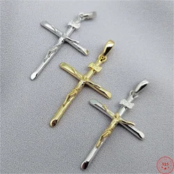 S925 Sterling Silver Charms Pendants for Women Men Contrast Colored Emboss Jesus Crucifixion Cross Amulet New Fashion Jewelry
