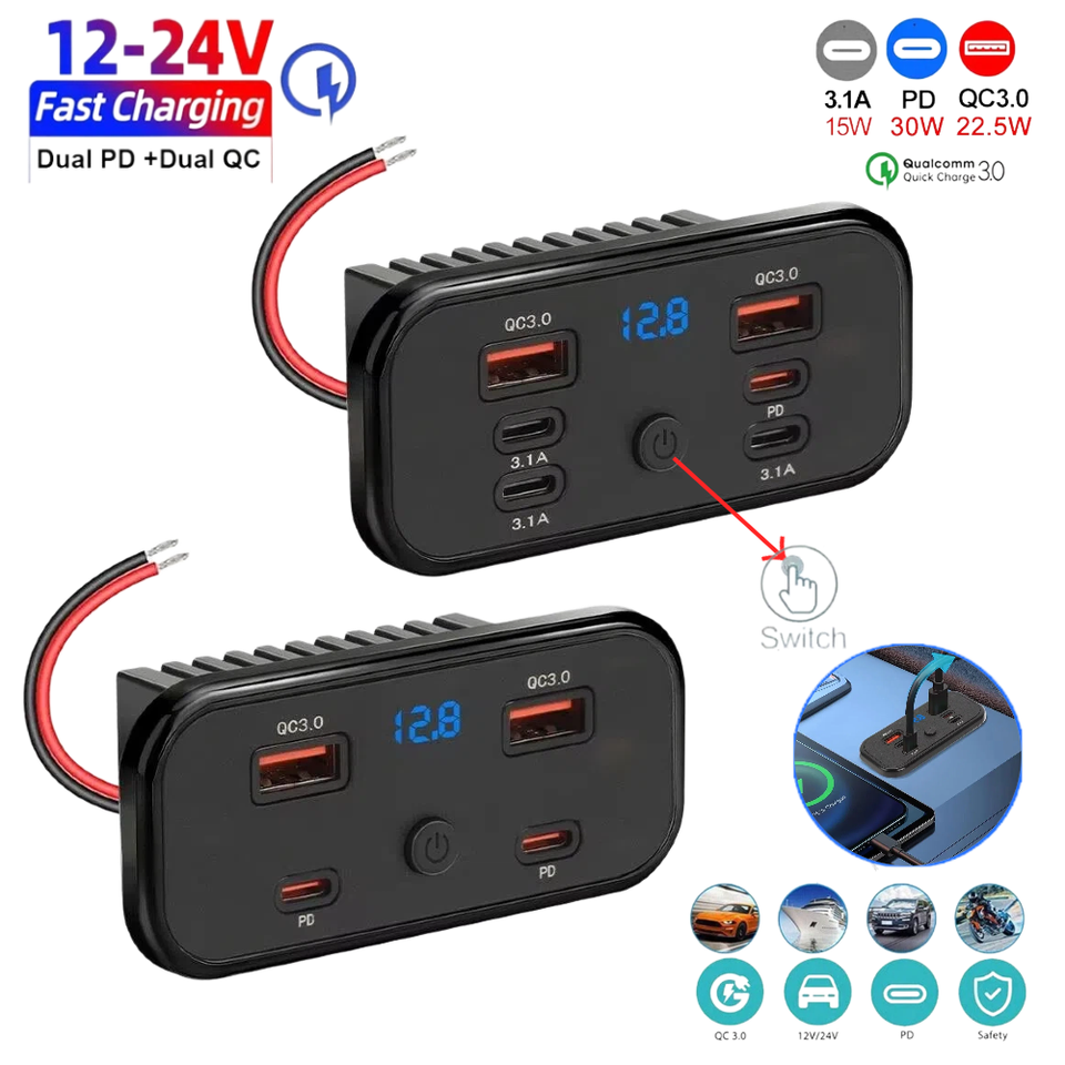  4‑6 Ports PD QC3.0 Fast Charger Panel 120W Type‑C USB Power Socket With Voltage Display 12‑24V For ATV UTV Truck RV Marine Car 