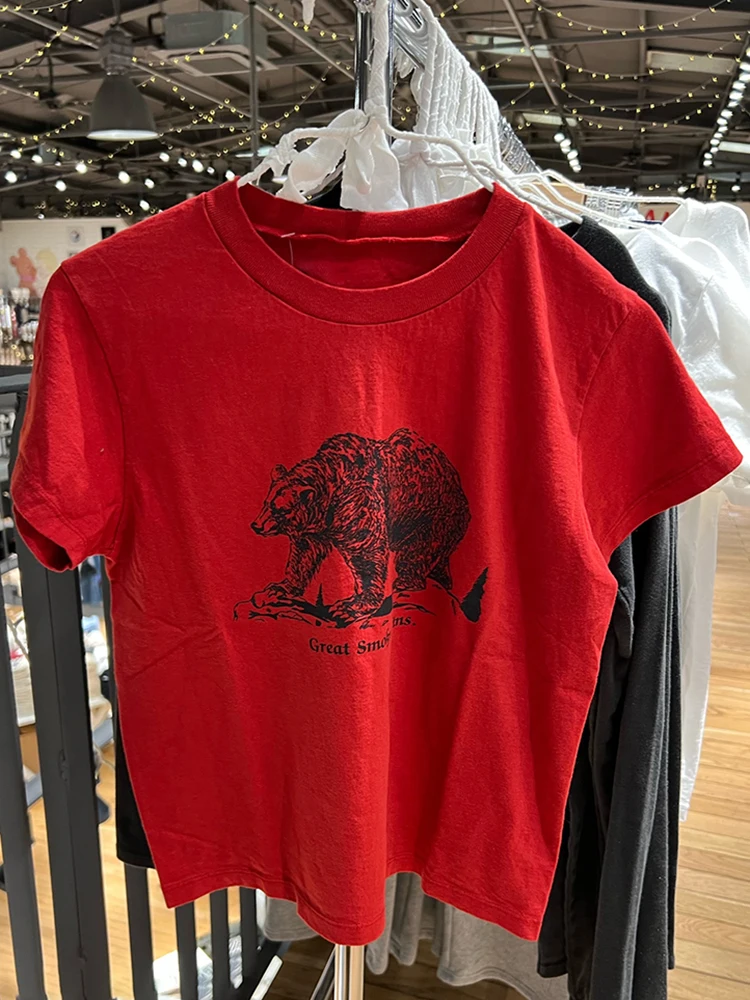 Polar Bear Print Cotton Tees donna Summer Red girocollo Streetwear t-shirt manica corta Casual Harajuku Vintage Cute Tops 2023