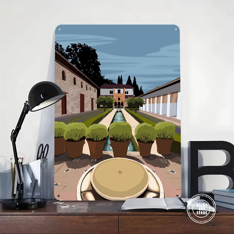 Spain Granada Generalife 3D Printed Texture Poster Personalized Wall Art Retro Metal Tin Signs for Office Decor Room Wand Deko