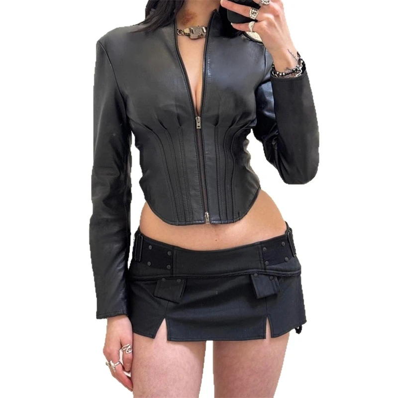 PU Leather Moto Jacket Vintage Stand Collar Waist Zip Slimming Oversized Biker For Women Streetwear Party Night Edgy Gothic