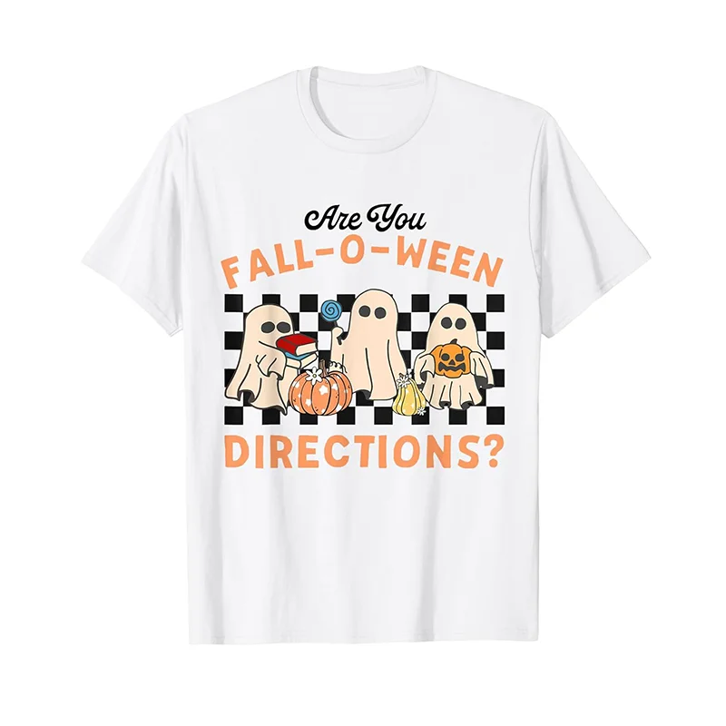 

Retro are You Fall O Ween Directions Teacher Halloween Ghost White T-Shirt WHX 180g