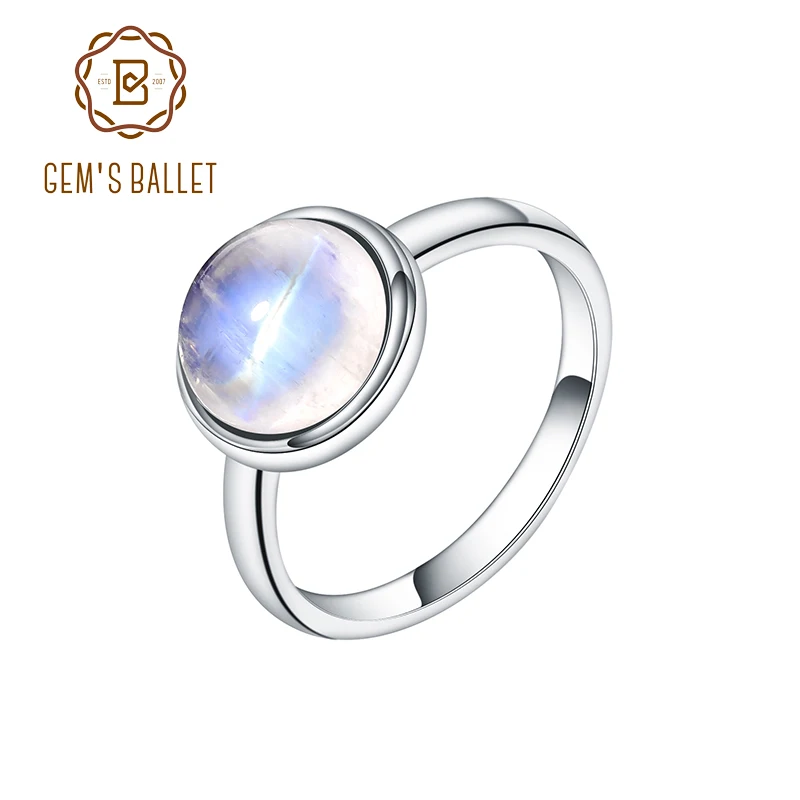 

GEM'S BALLET Round Shap 925 Sterling Silver Ring Natural Milky Blue Moonstone Ring for Women Wedding Jewelry Gift For Her