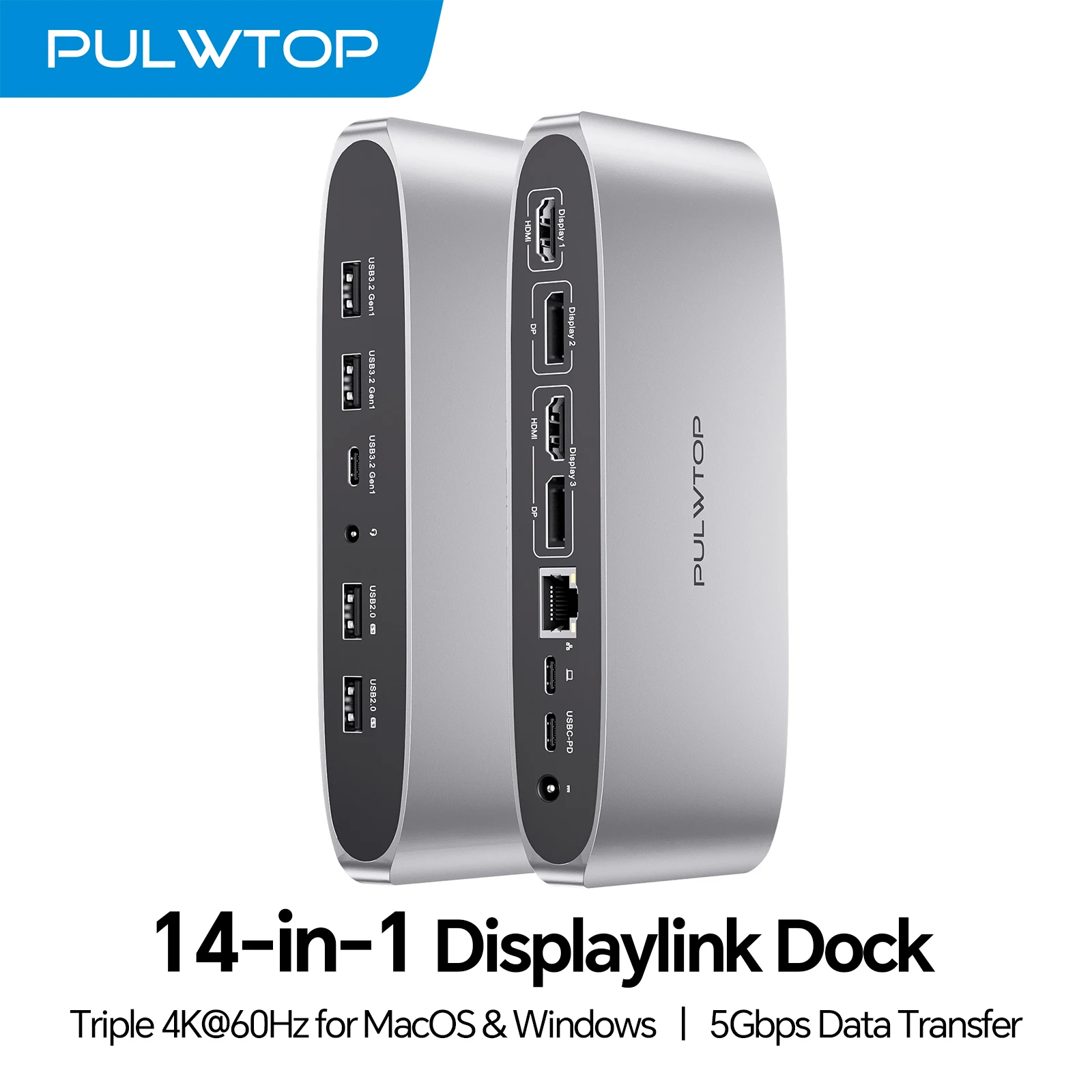 

PULWTOP Triple Display DisplayLink Dock for MacBook/Windows, with 2 HDMI, 2 Display Port, PD, USB C Data, USBA, Ethernet, Audio