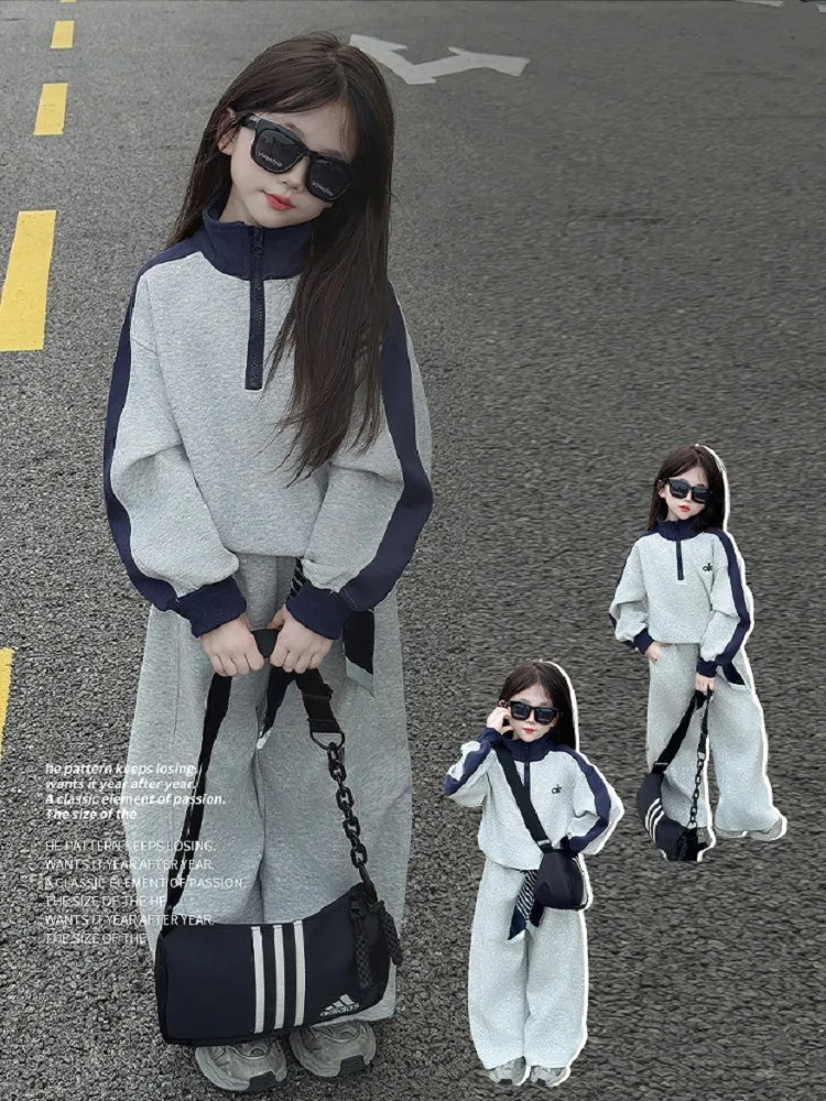 Girls Cotton Contrast Half Zip Pullover Sweatshirt+Sweatpant Work Set School Kids 2PCS Tracksuit Children Jogging Outfit