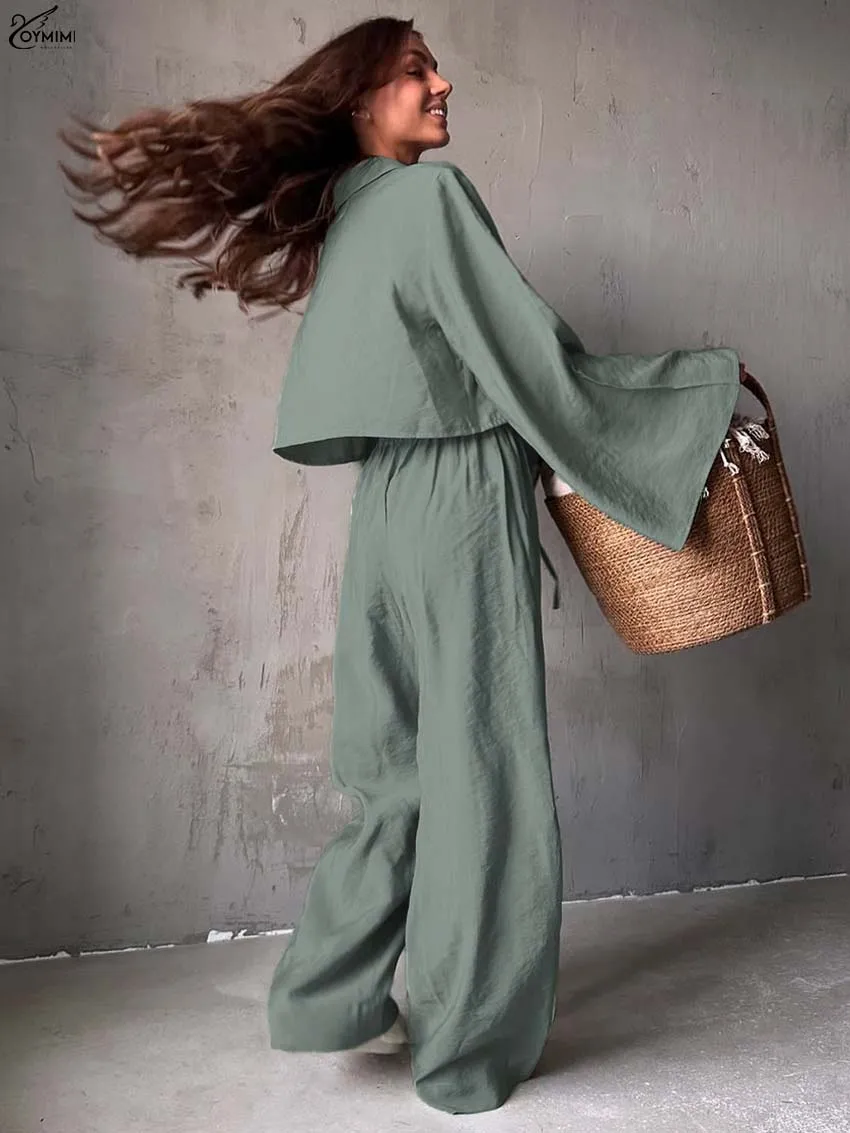 Oymimi أنيقة خضراء فضفاضة 2 قطعة مجموعات امرأة الزي موضة كم طويل الدانتيل متابعة القمصان والرباط مستقيم بنطلون مجموعات
