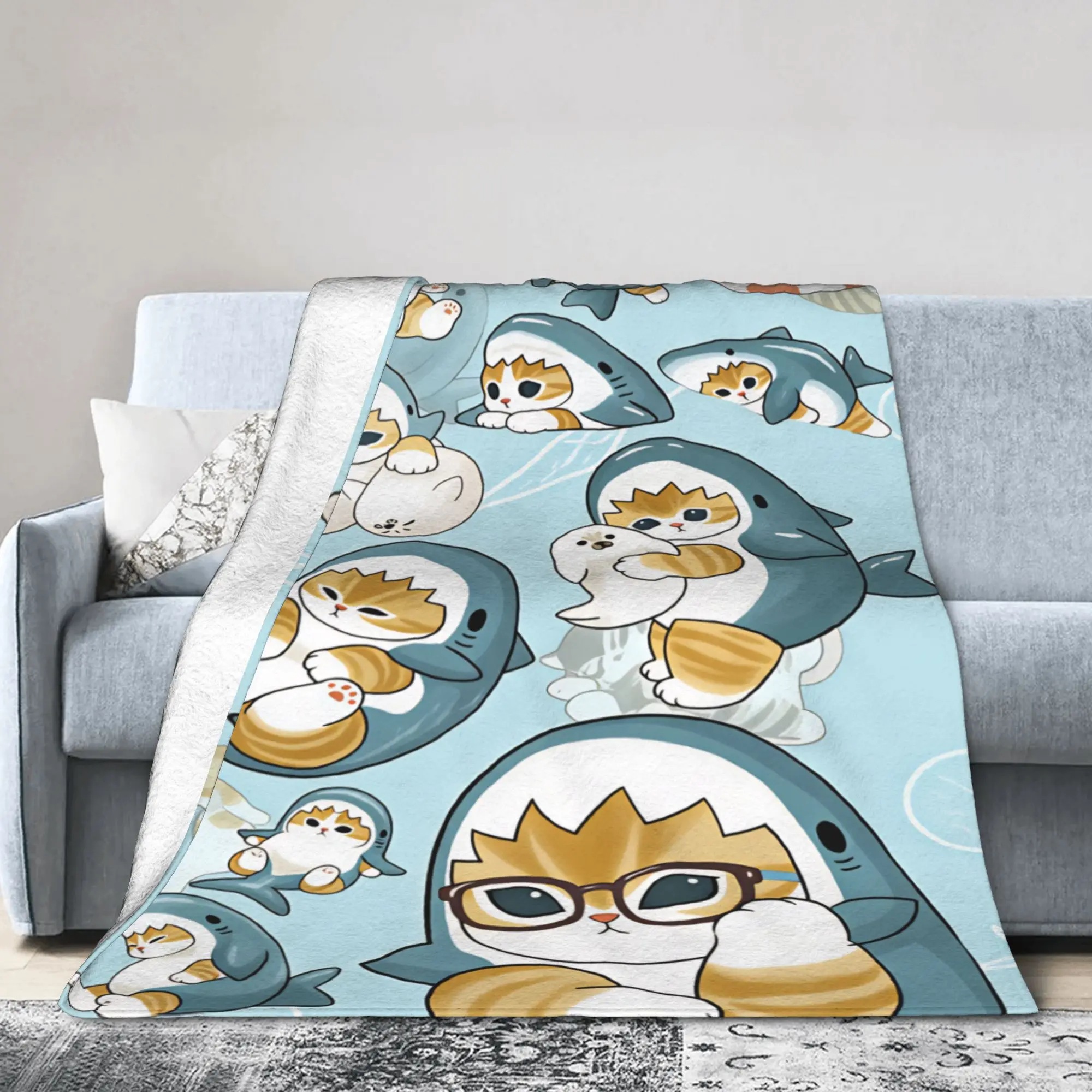 Mofusand Japanese Shark Cat  Blanket  Soft Fluffy Plush Throw Blanket For Couch Chair Sofa Bed Flannel Bedspread Bed Cover