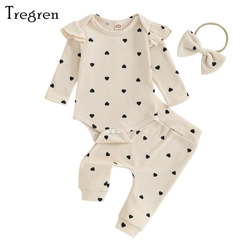 Tregren 0-24M Infant Baby Girls 3Pcs Clothes Sets Cute Heart Print Long Sleeve Romper + Pants + Headband Spring Autumn Outfits