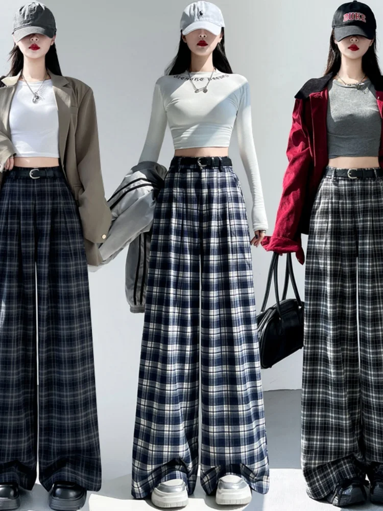 Pantalon à carreaux pour femmes, grand, américain, décontracté, ample, taille haute, jambe droite, élément de transport, sans étirement