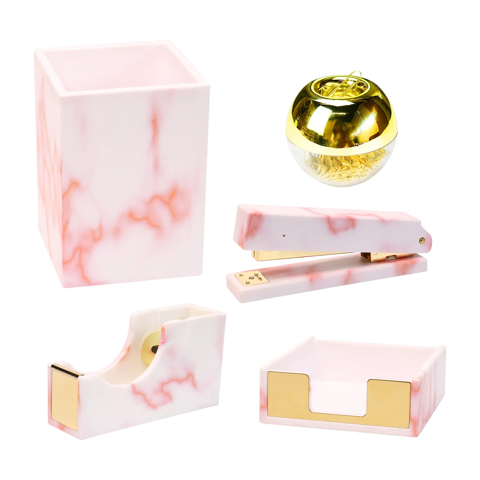 

Pink Marble Desk Accessories Office Supplies Set Marble Stapler Tape Dispenser Paper Clips Pencil Cup Pink For Home Office