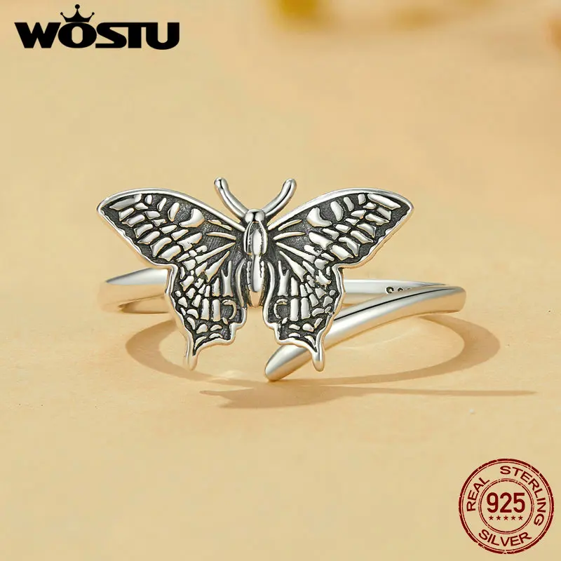 WOSTU 925 Sterling Silver Butterfly Earrings Open Ring Set Oxidized Silver for Women Girl Party Gift Vintage Adjustable Jewelry