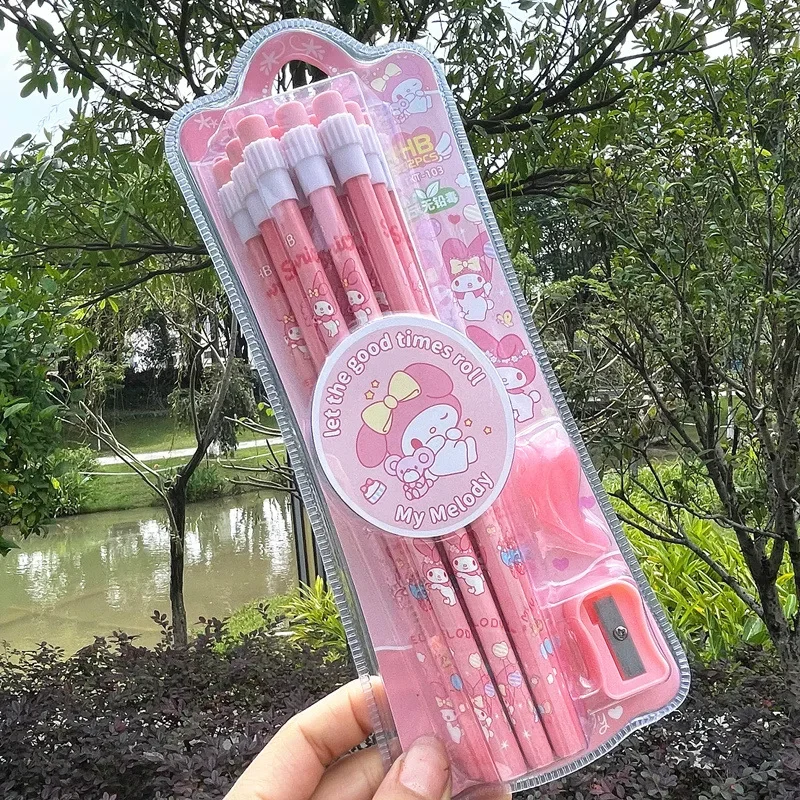 12pcs MINISO Sanrio Cinnamoroll My Melody Kuromi Pretend Pupil Study Write Painting Pencil Pencil+ Holder+pencil Sharpener HB