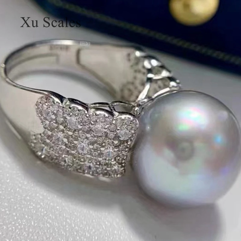 Full Diamond Zircon Surrounding Natural Fresh Water 12-13mm White Pearl Luxury Atmosphere Ring S925 Sterling Silver Jewelry Gift