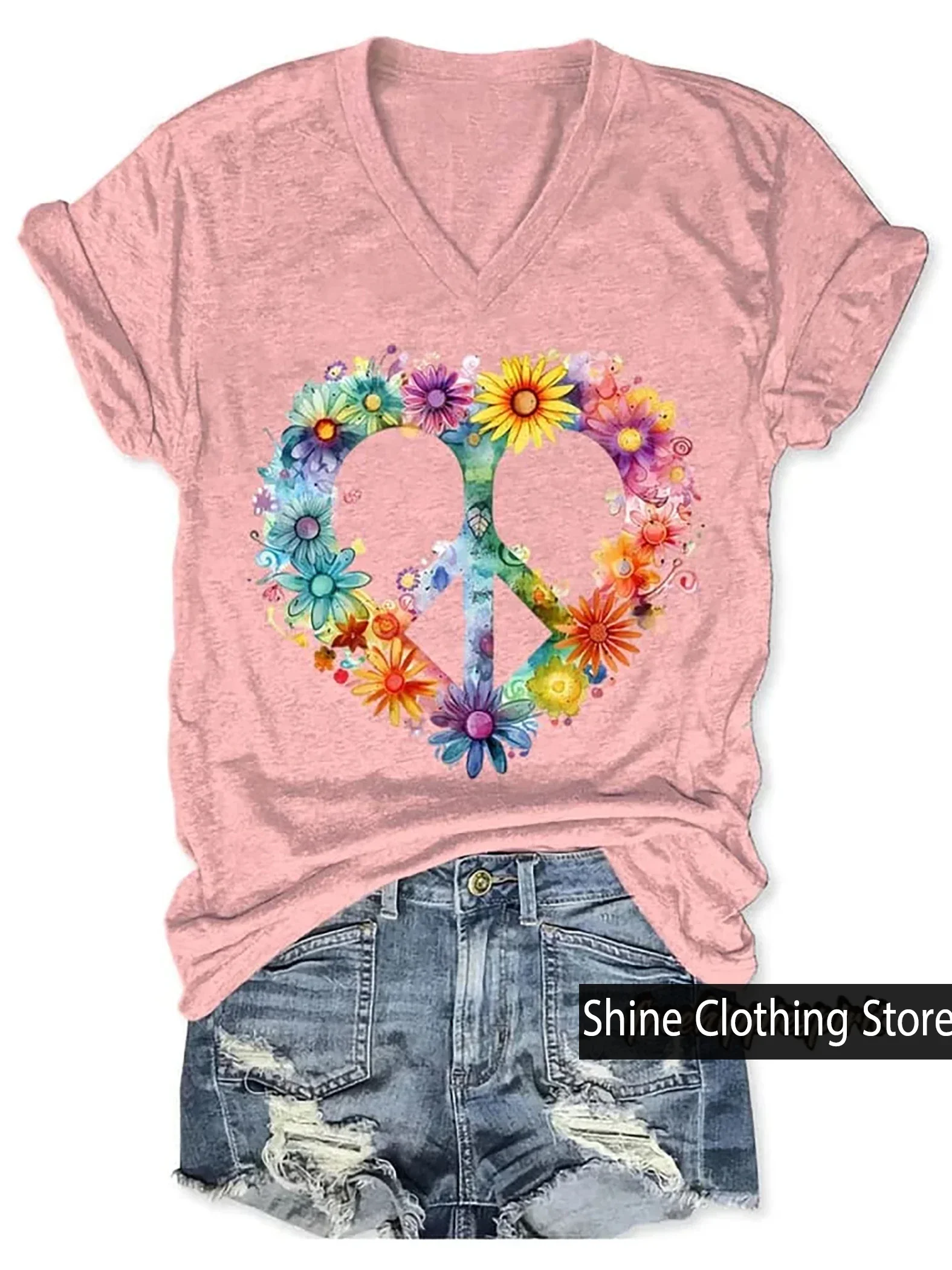 New Arrivals Women's Floral Peace And Love Art Print V-neck Casual T-Shirt Size S to 5XL