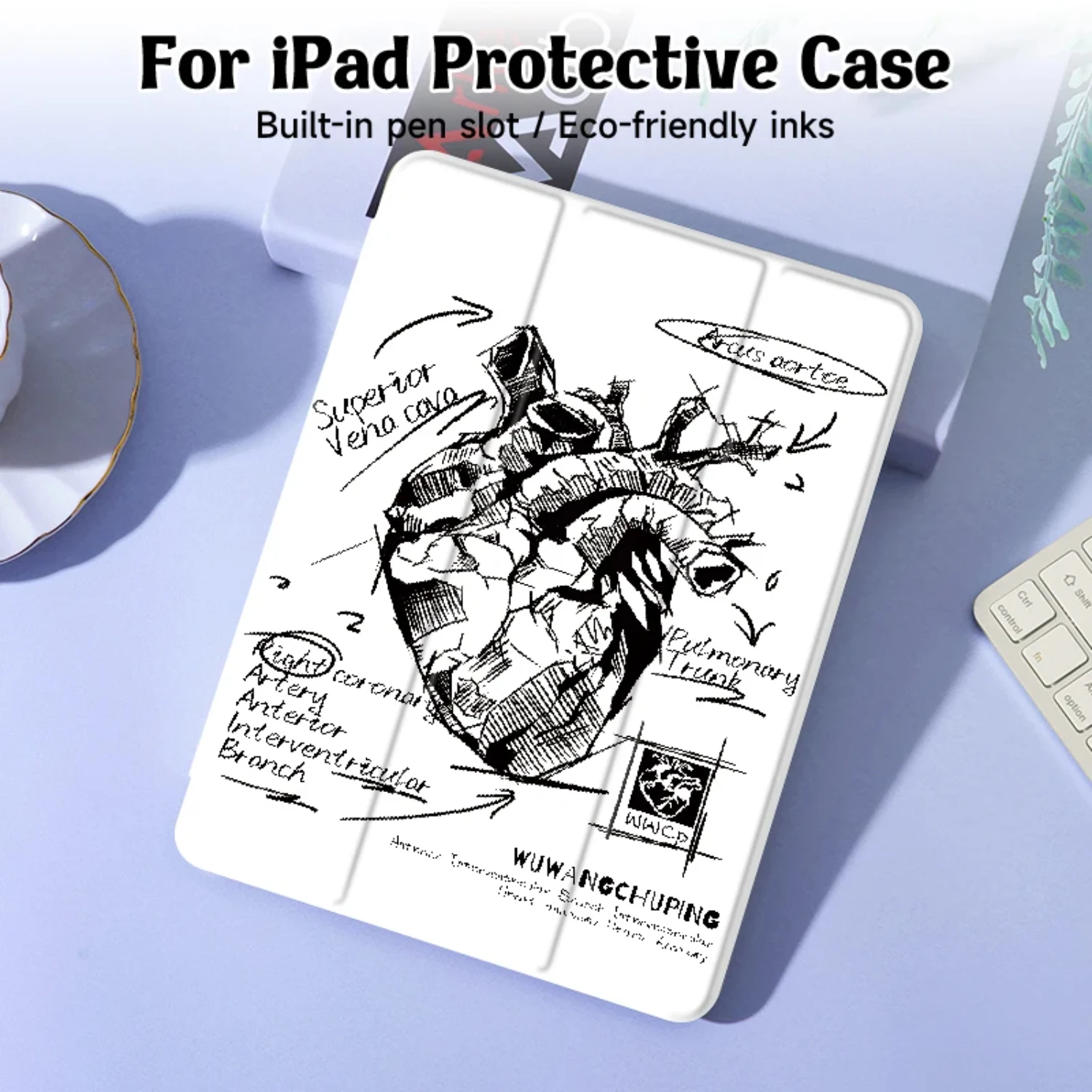 Stylish and Functional Sketch Heart Protective Case with Pen Holder for 9.7-Inch Mini 4/5, Air 4/5 (10.9 inches) - 6th/5th Gener