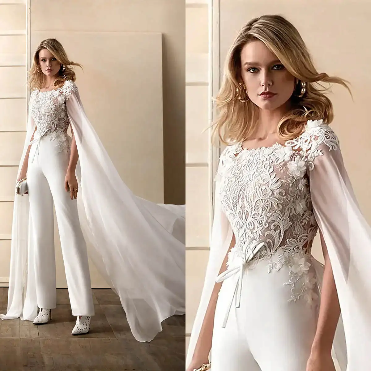 Classic Evening Dress Jumpsuits With Cloak 3D Appliques  O Neck Sleeveless Jumpsuit Bride Pant Suit  Custom Made High Quality