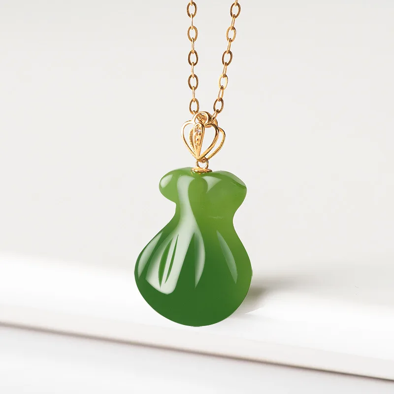 Natural Old Material Spinach Green Hotan Jade Blessing Bag Purse Pendant 18K Gold Jadeite Necklace Charms For Women's Jewelry