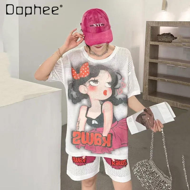 

Cartoon Print Fashion Casual Suit Women's Summer Loose Thin Ice Silk Round Neck Short-sleeved T-shirt and Shorts Two-piece Sets