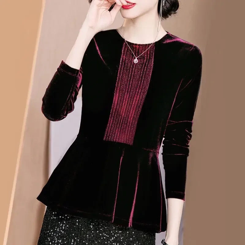 Vintage Waist Spliced Velvet Blouse Autumn Casual O-Neck Female Clothing All-match Solid Color Fashion Bright Silk Shirt Z304