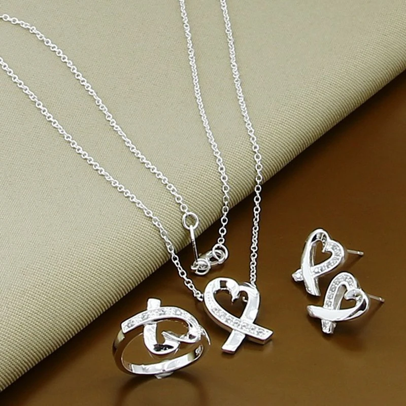 

New Style 925 Sterling Silver AAA Zircon Heart Shaped Necklace Bracelet Earring Set For Women'S Wedding Engagement Party Charm J