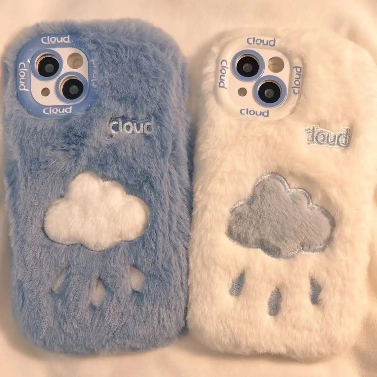 Plush Clouds and Raindrops in Autumn and Winter Phone Case for IPhone15 14 13 16 12 Pro Max Cute Shockproof Furry Fur Back Cover