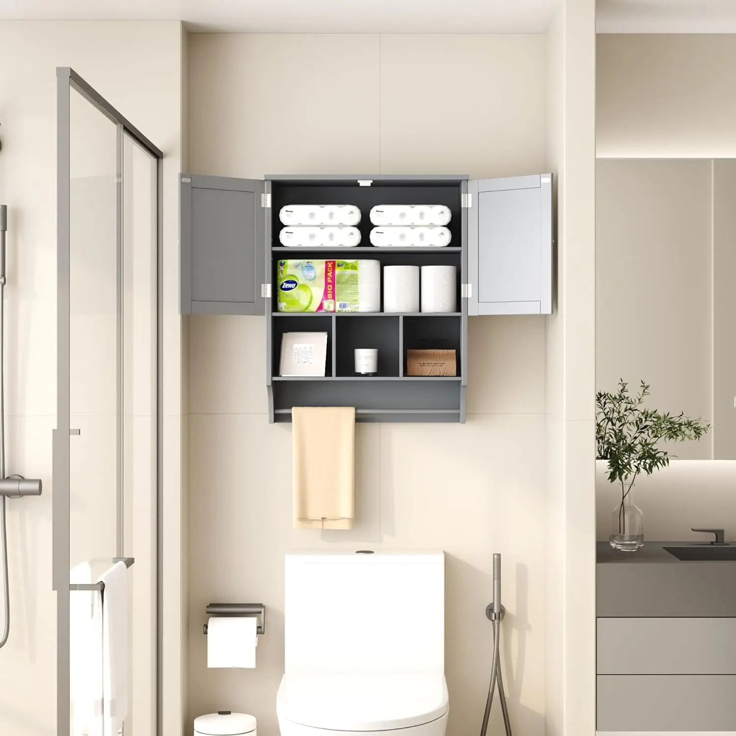 Bathroom Wall Cabinet Medicine Cabinets Over The Toilet Storage Cabinet with Towels Bar 2 Door Adjustable Shelves Large