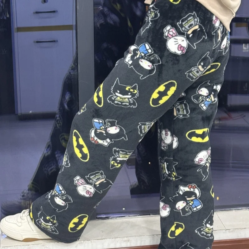 Sanrio y2k estilo outono olá kitty batman calças de pijama dos desenhos animados hip hop senhora quente casual flanela de pelúcia calças bonitos presente de natal