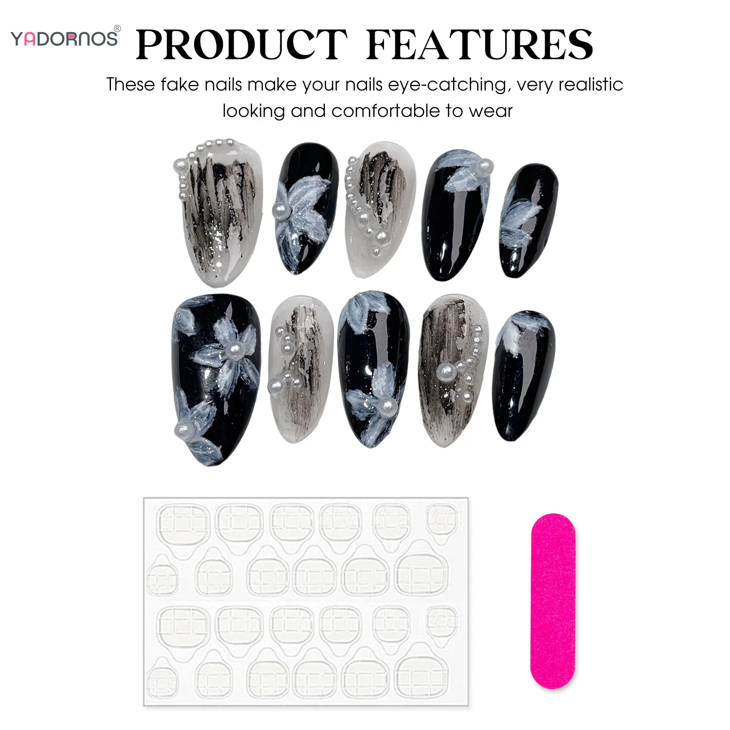 10 pz nero fatto a mano stampa sulle unghie fiore bianco perle disegni mandorla unghie finte donne ragazze indossabili Manicure unghie arti